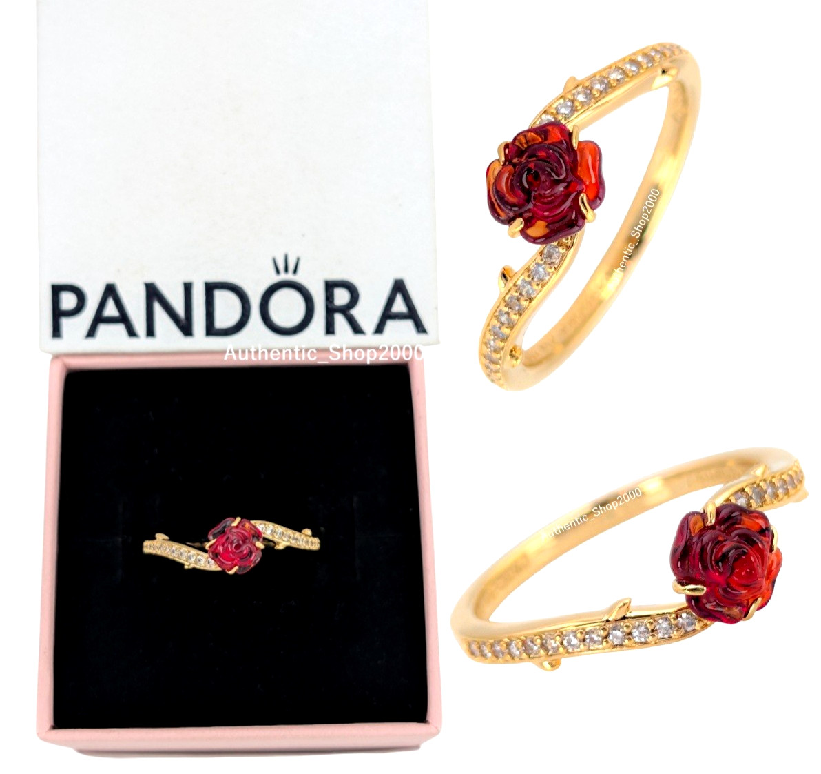 New 100% PANDORA Gold Disney Beauty and the Beast Enchanted Rose Ring 163984C01