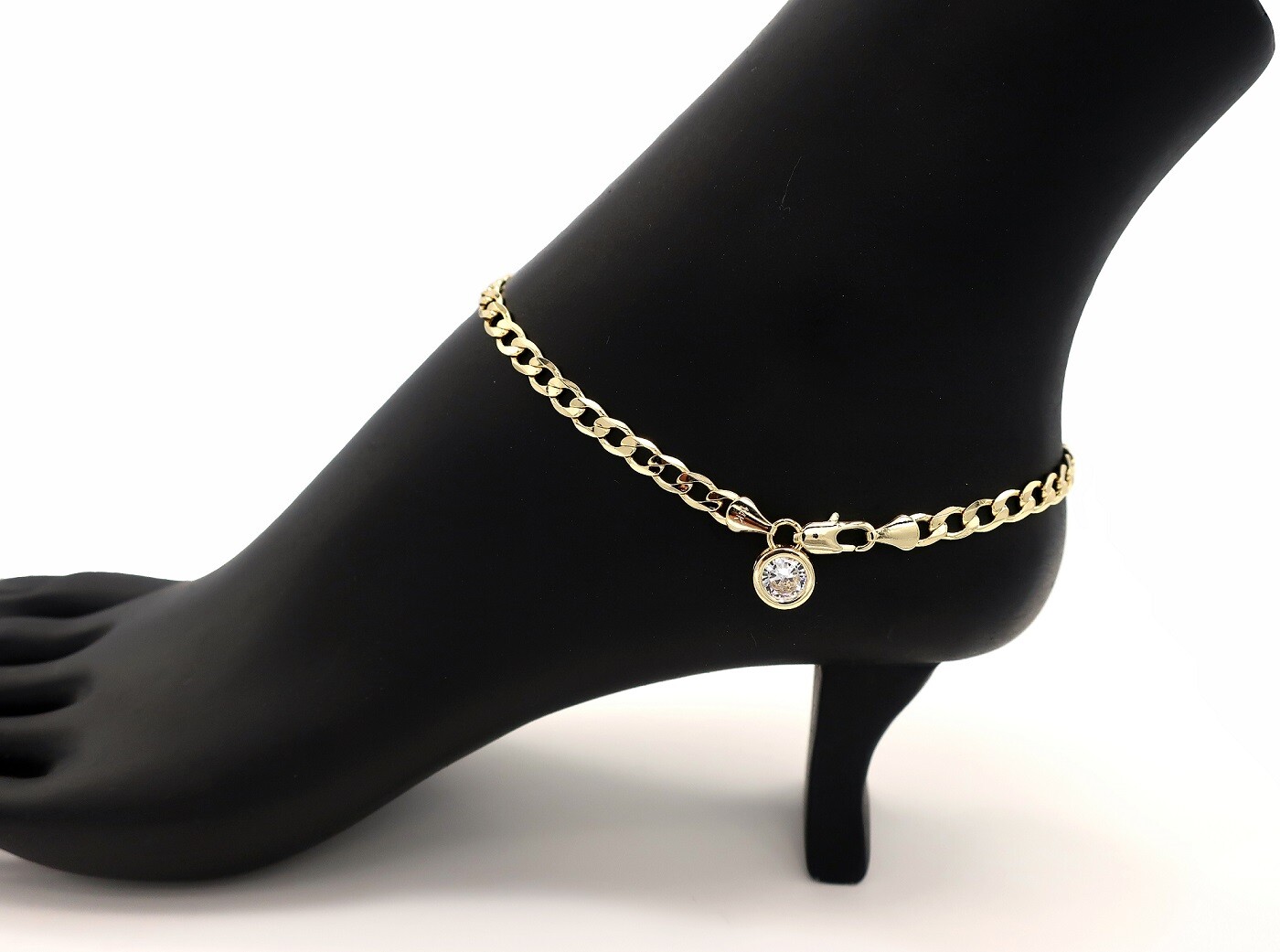 10″ ITALIAN CUBAN LINK CHAIN ANKLET 5mm CUBIC ZIRCONIA BRACELET 14K GOLD PLATED