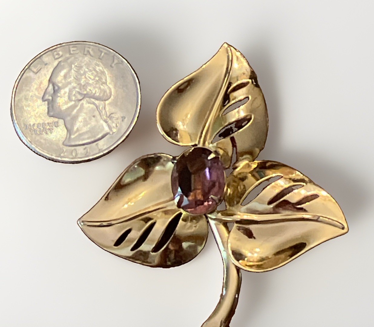 Vintage signed CORO Sterling Gold Vermeil Purple Amethyst Glass Rhinestone PIN