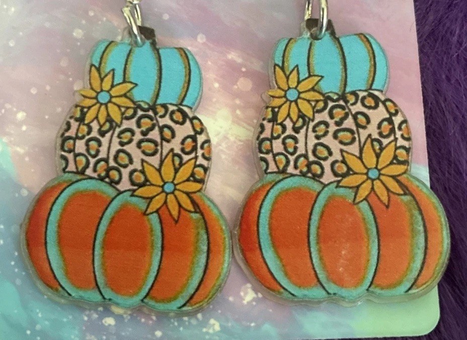 Autumn Acrylic Pumpkin Shaped Drop Style Earrings. Perfect For Halloween, Fall