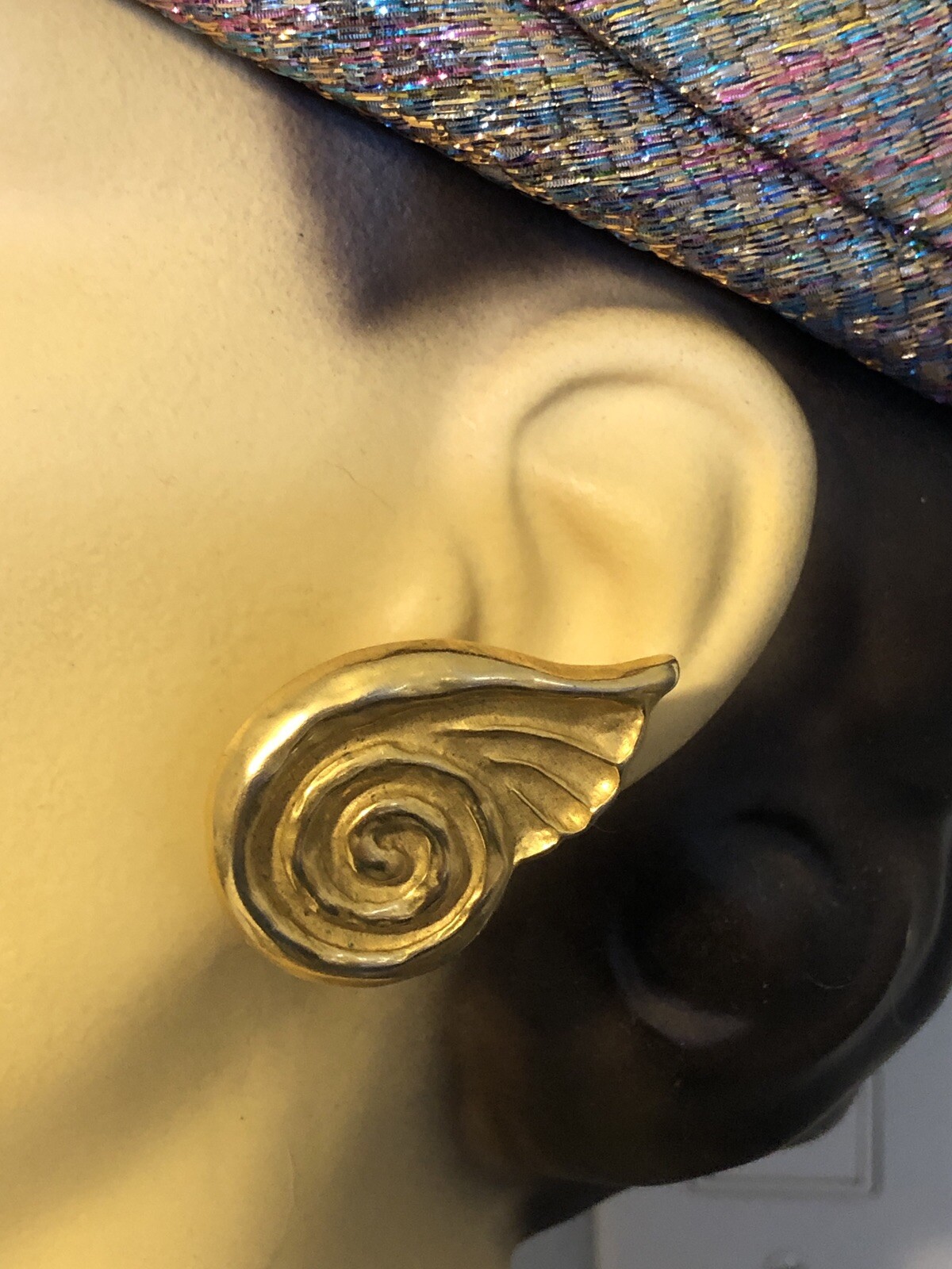 Vintage JADED Jewels NYC Ancient Shell Stylized Swirl & Wing Clip EARRINGS,fjt