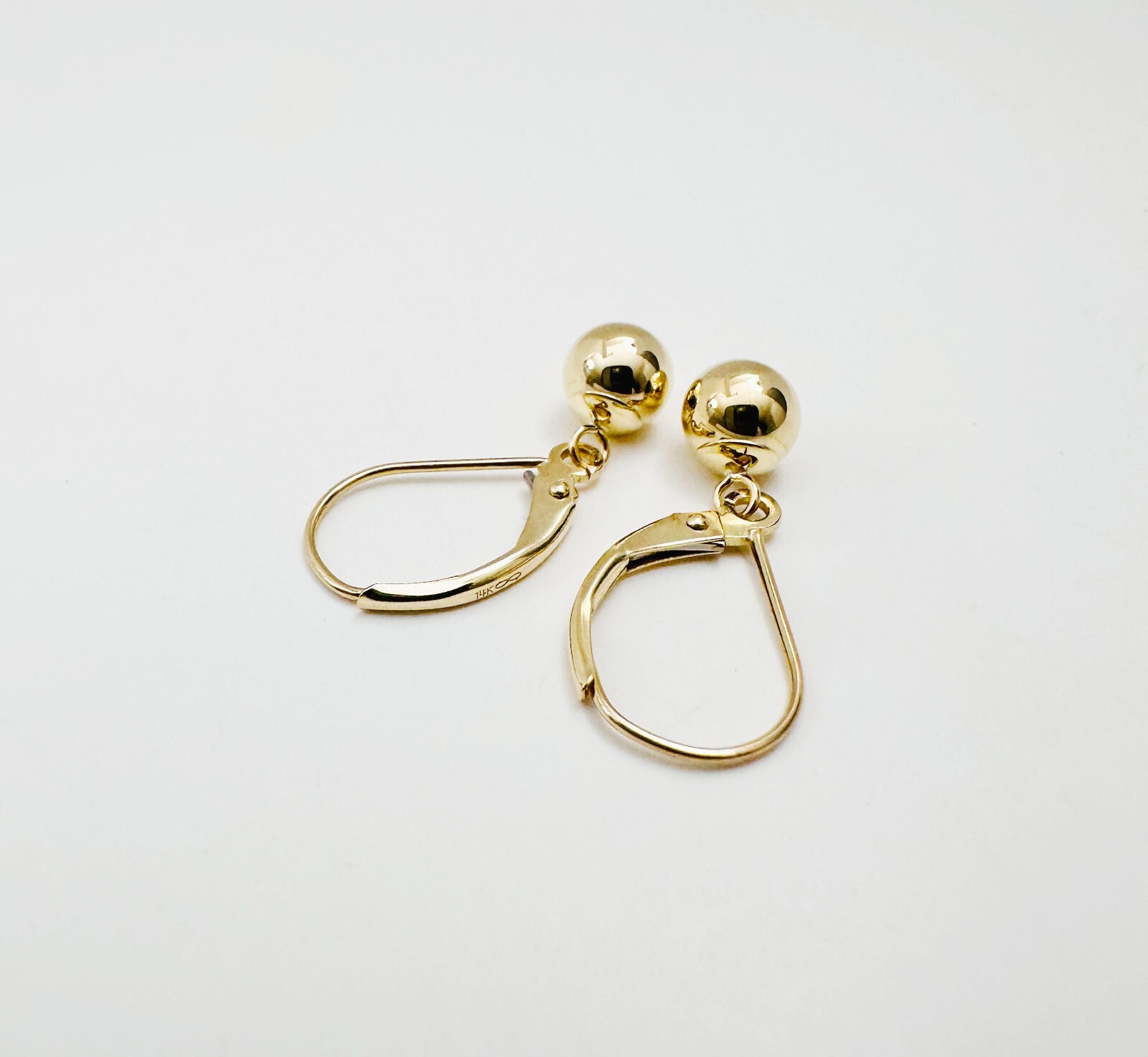 14K Solid Yellow Gold 6mm Ball Bead Drop/Dangle Leverback Earrings 23mm .90″