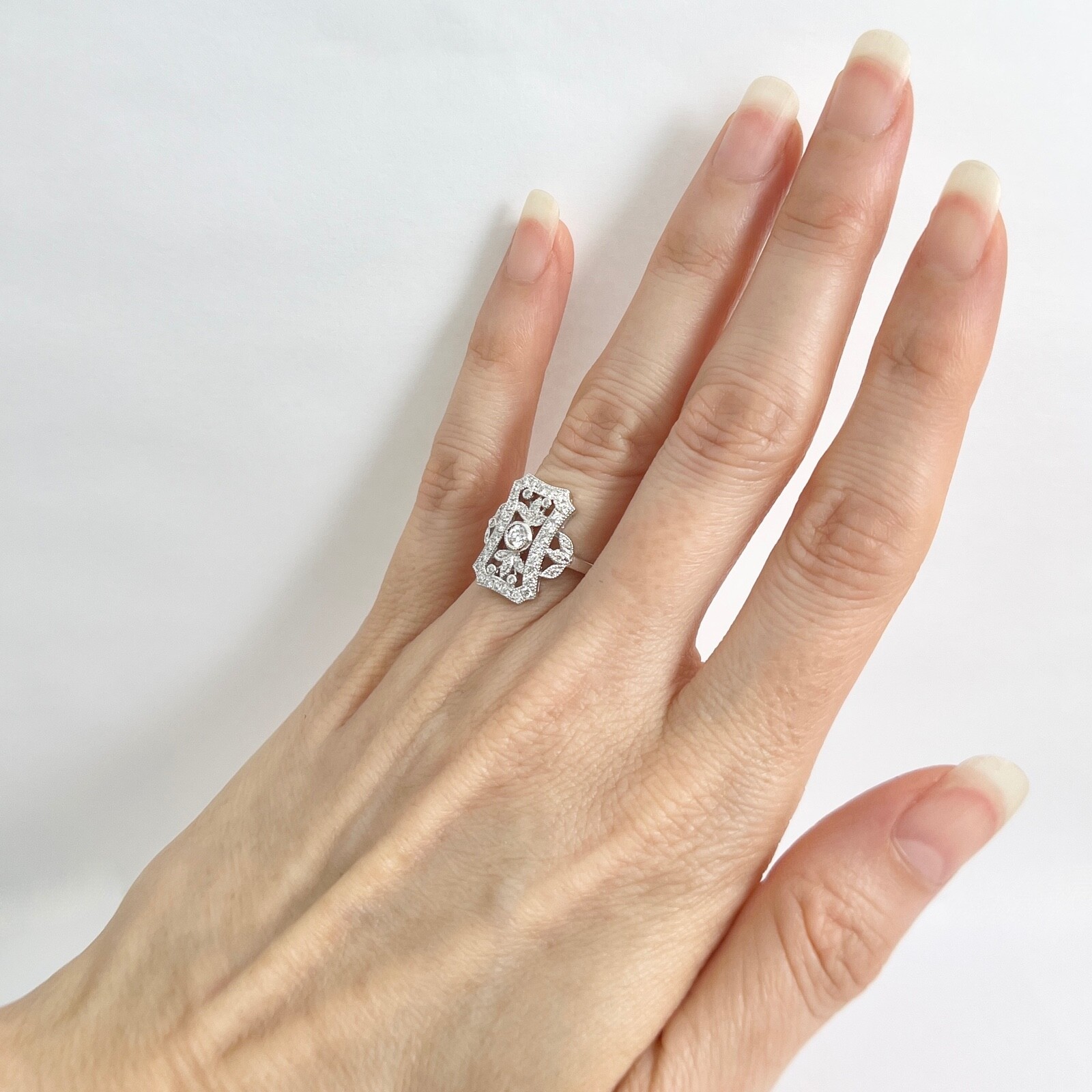 Art-Deco Style Long Pave Diamond Filigree Statement Ring 18K White Gold .52 CTW