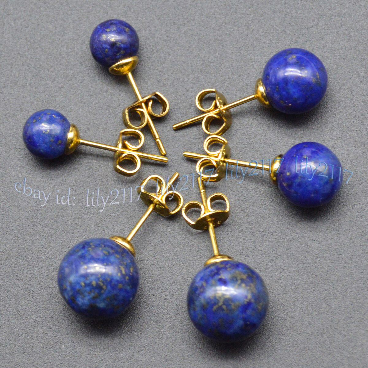Natural Blue Lapis Lazuli Round 6mm 8mm 10mm Gemstone Gold Plated Stud Earrings