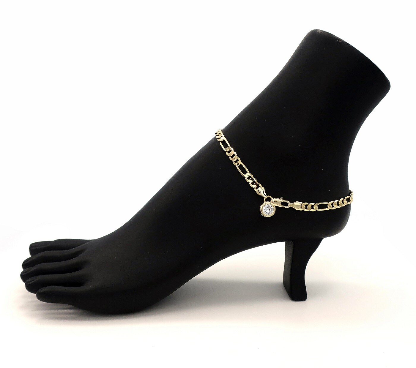 10″ ITALIAN FIGARO LINK CHAIN ANKLET CUBIC ZIRCONIA ANKLE BRACELET GOLD PLATED