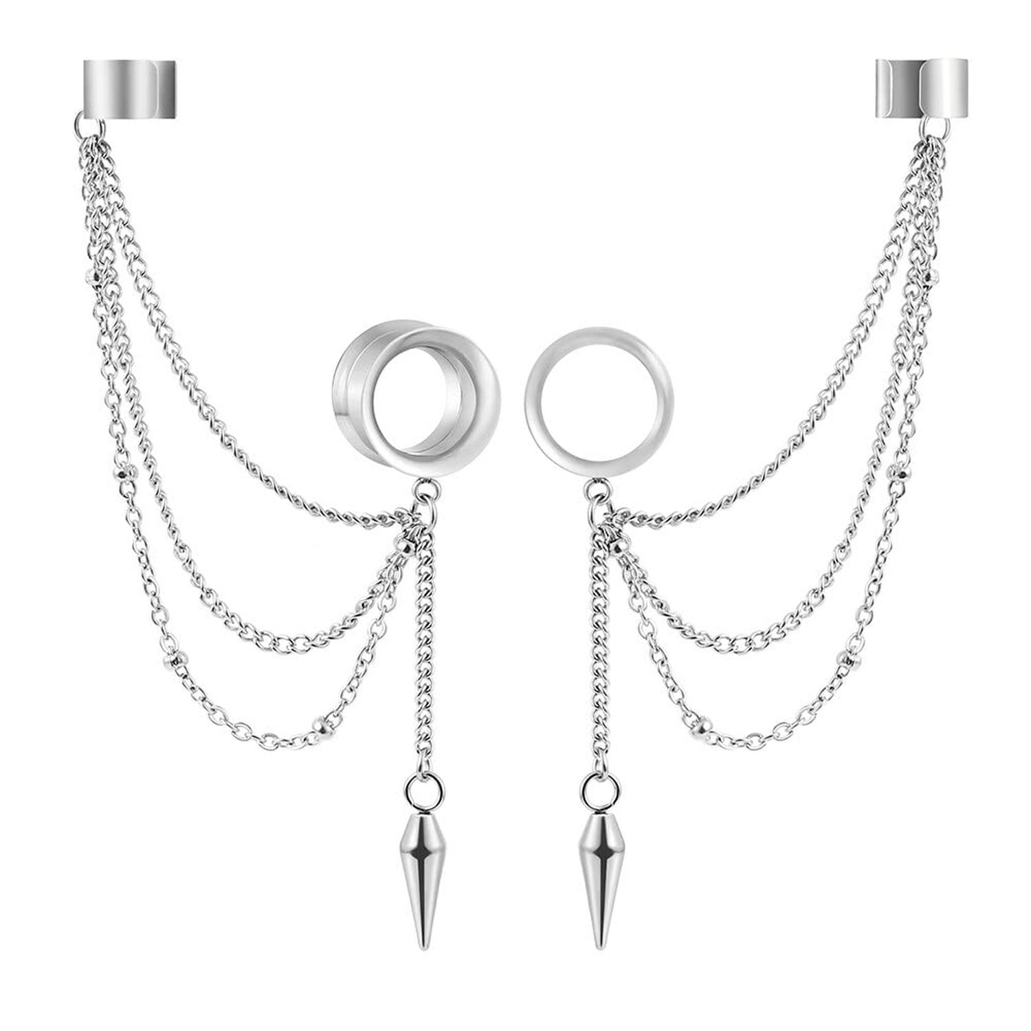2PCS 6mm-25mm (2G-1″) Trendy Cuff Clip Triple Chain Dangle Ear Plugs Gauges S…