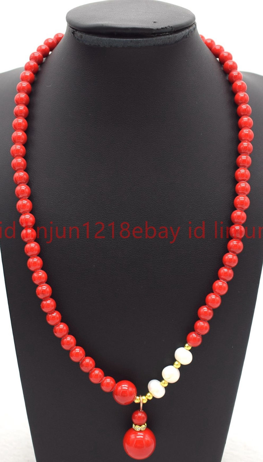 Natural 6mm Red Coral Round Gemstone Beaded White Pearl Pendant Necklace 16-28in