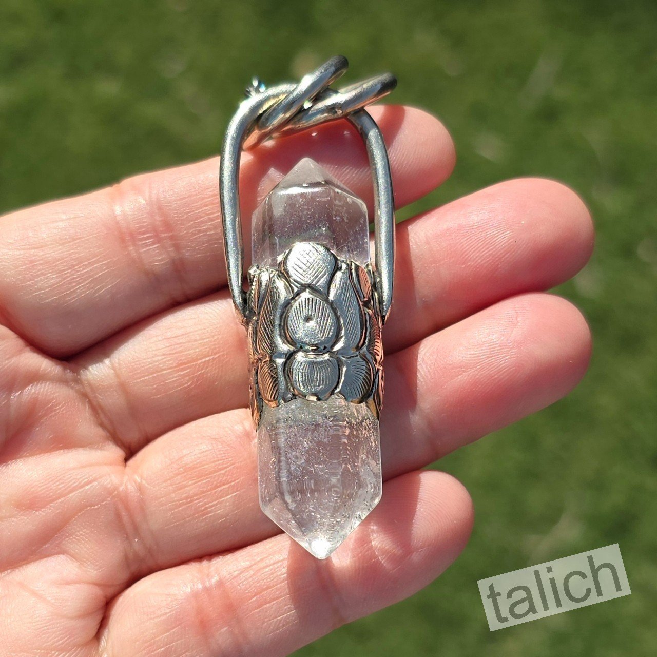 Double Point Rock Crystal Point Floral Tibetan Silver Pendant Long Necklace Chic