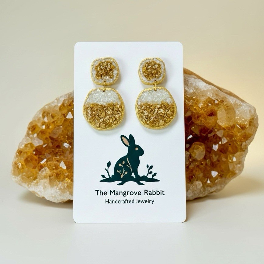 Faux Citrine Drusy Handmade Polymer Clay Dangle Earrings Stainless Steel Posts