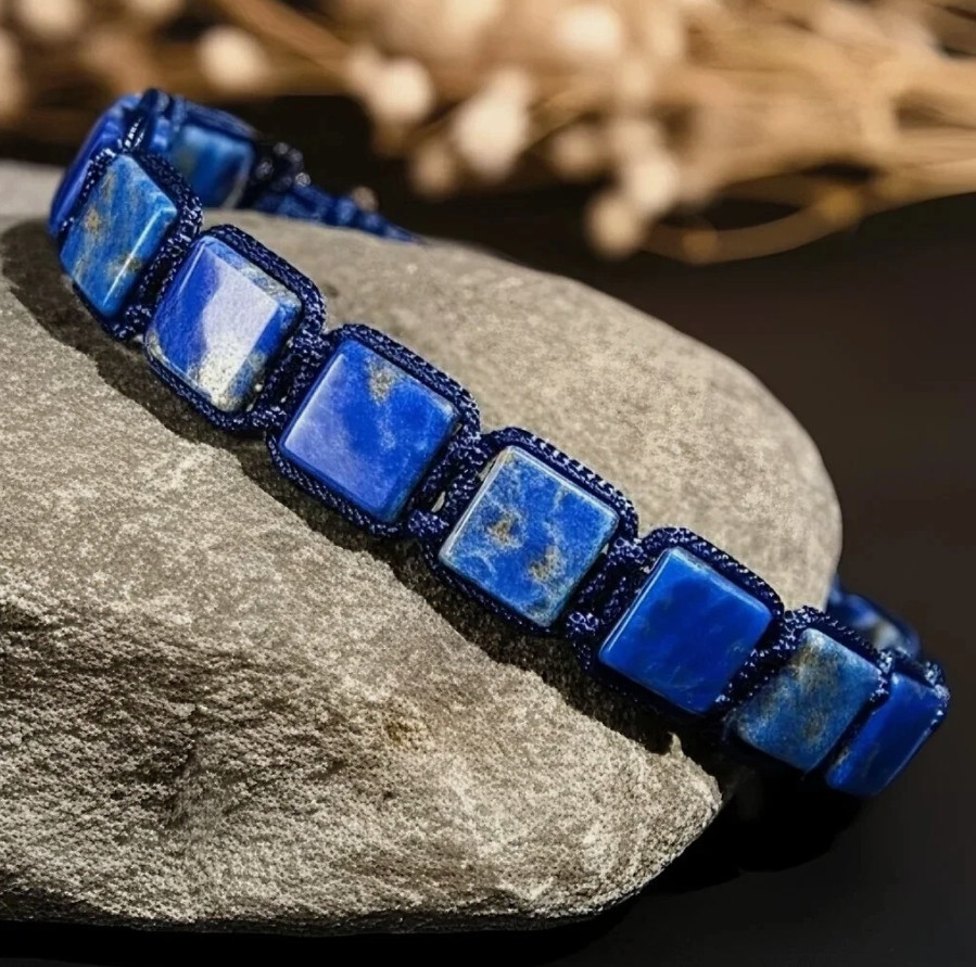 Lapis Lazuli Black Onyx Bracelet Men Square Beads Protection Blue Stone Jewelry