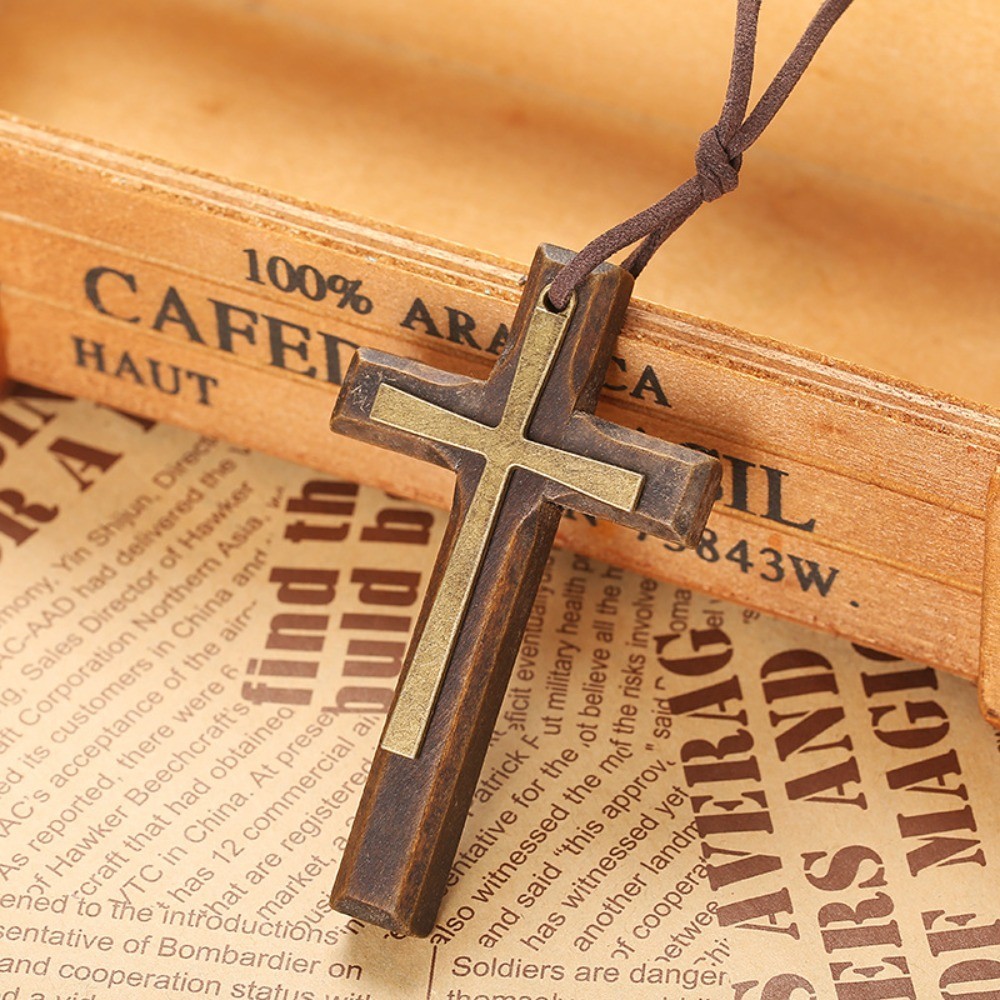 Handmade double-layer alloy wood cross long pendant sweater velvet rope necklace