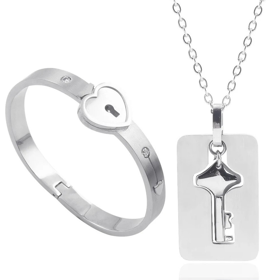 OurCoordinates Heart Lock Bracelet & Key Necklace Jewelry Set