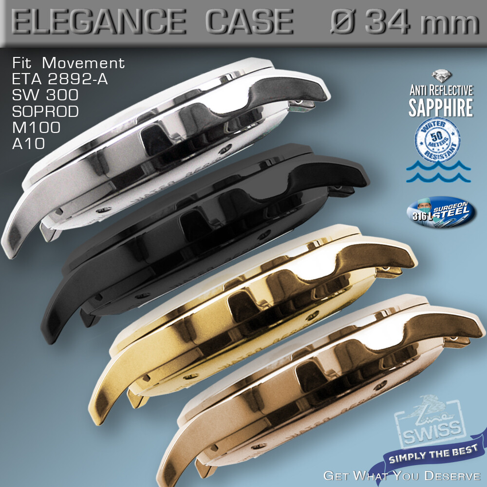 WATCH CASE ELEGANCE Ø 34mm, ETA 2892-A2, SW 300, M100, A10, ST, BL, GOLD, R-GOLD