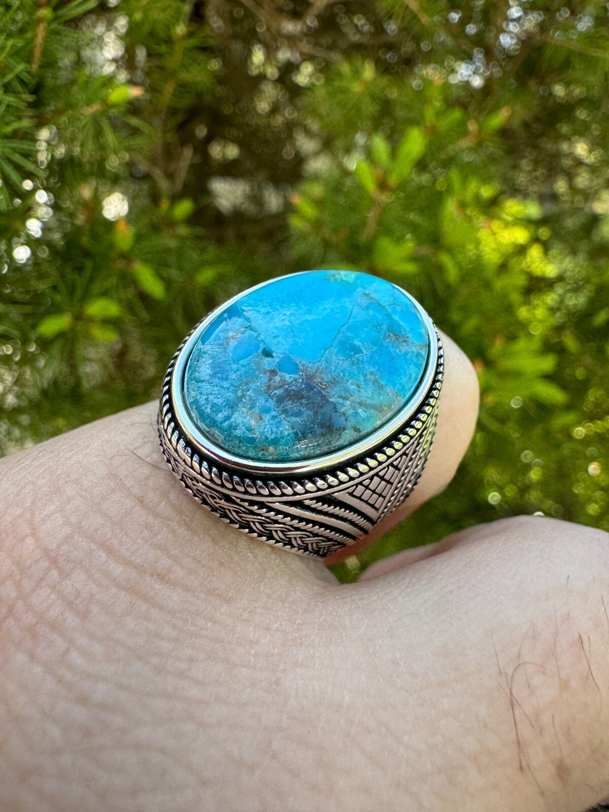 Natural Turquoise Mens Real Solid 925 Silver Handmade Oval Native American Ring