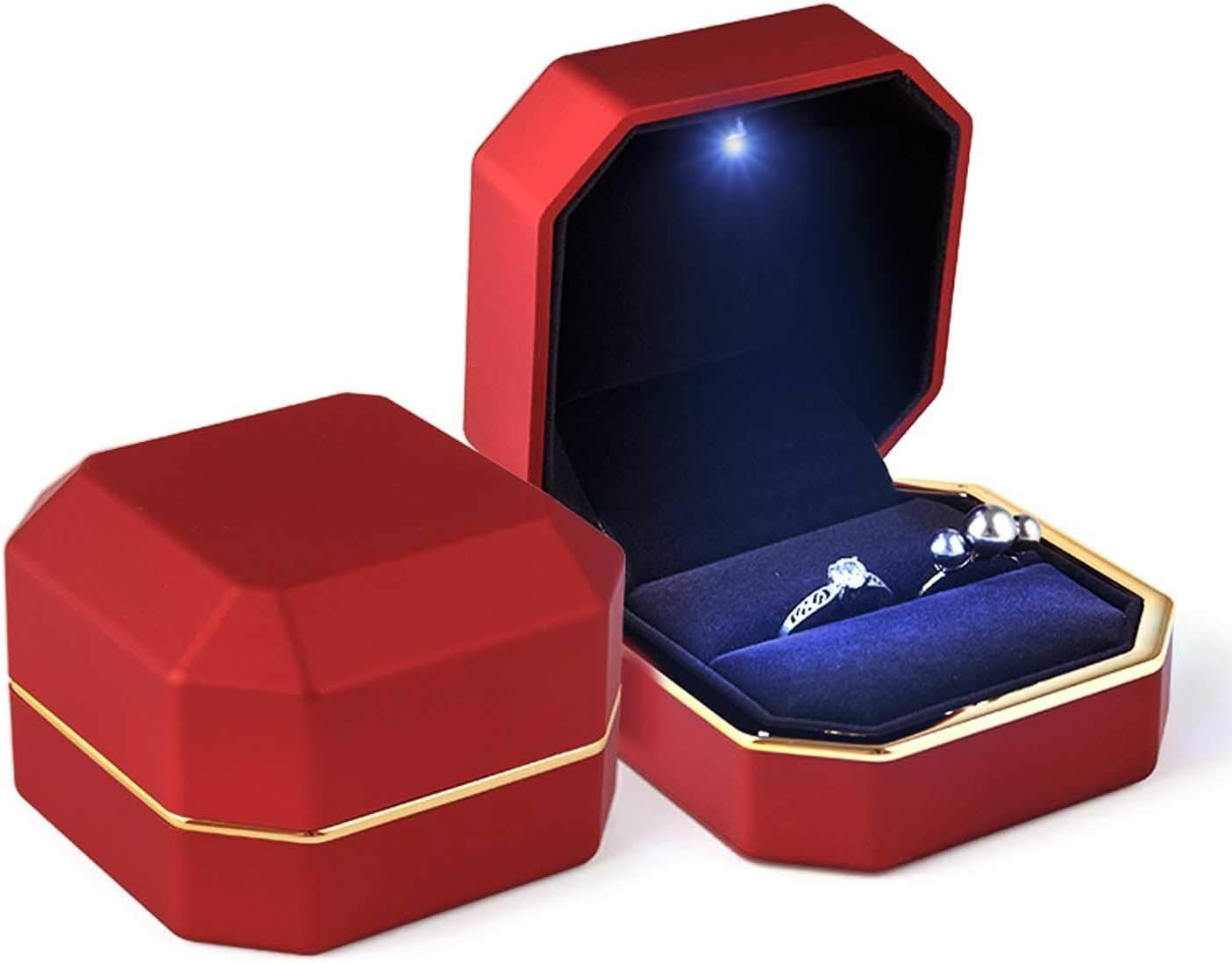 Luxurious Red Velvet Ring Box with LED Light for Engagement & Wedding Ceremonies