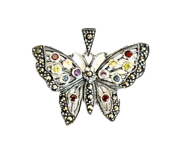 Multi Color Stones BUTTERFLY PENDANT CZ Stones & Marcasite . 925 STERLING SILVER