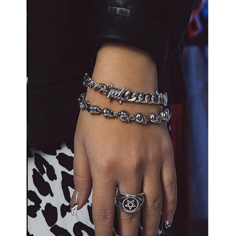 Barbed Wire Cuban Link Chain Bracelet Adjustable Stainless Steel Punk Emo