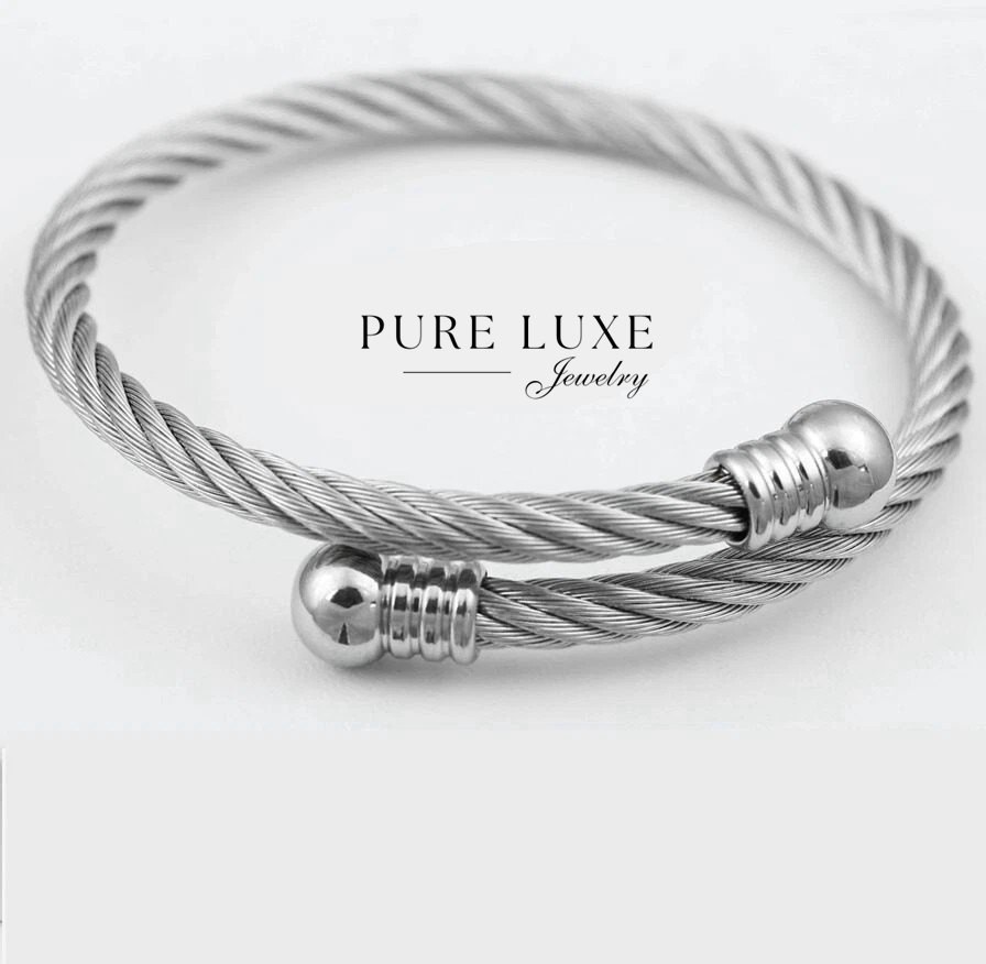 Men’s Stainless-Steel Silver Adjustable Round,Cuff Cable.Bracelet Unisex*Box