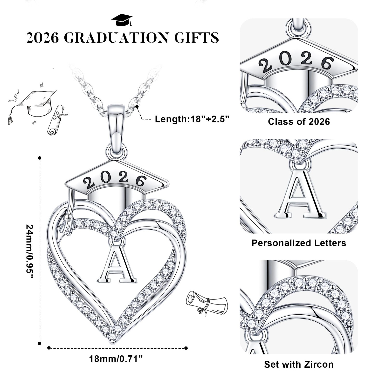 Heart Initial Graduation Necklace – Perfect 2026 Gift for Women, High School & C