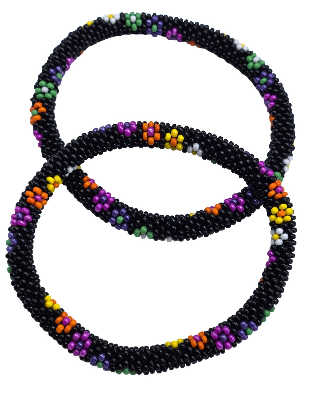 Set of 2 Handmade Beaded Bracelet Nepal Glass Bead Stackable Crochet Bracelets