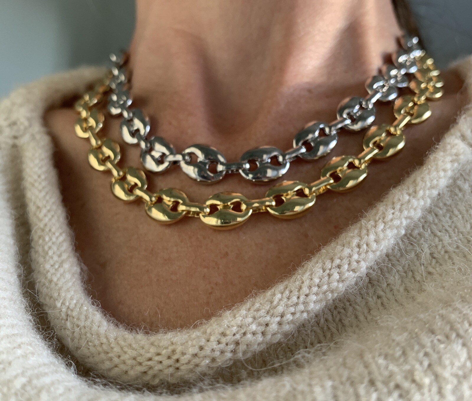 14k White gold Plated Puffy Puffed Anchor Mariner Link Chain Necklace 1cm thick