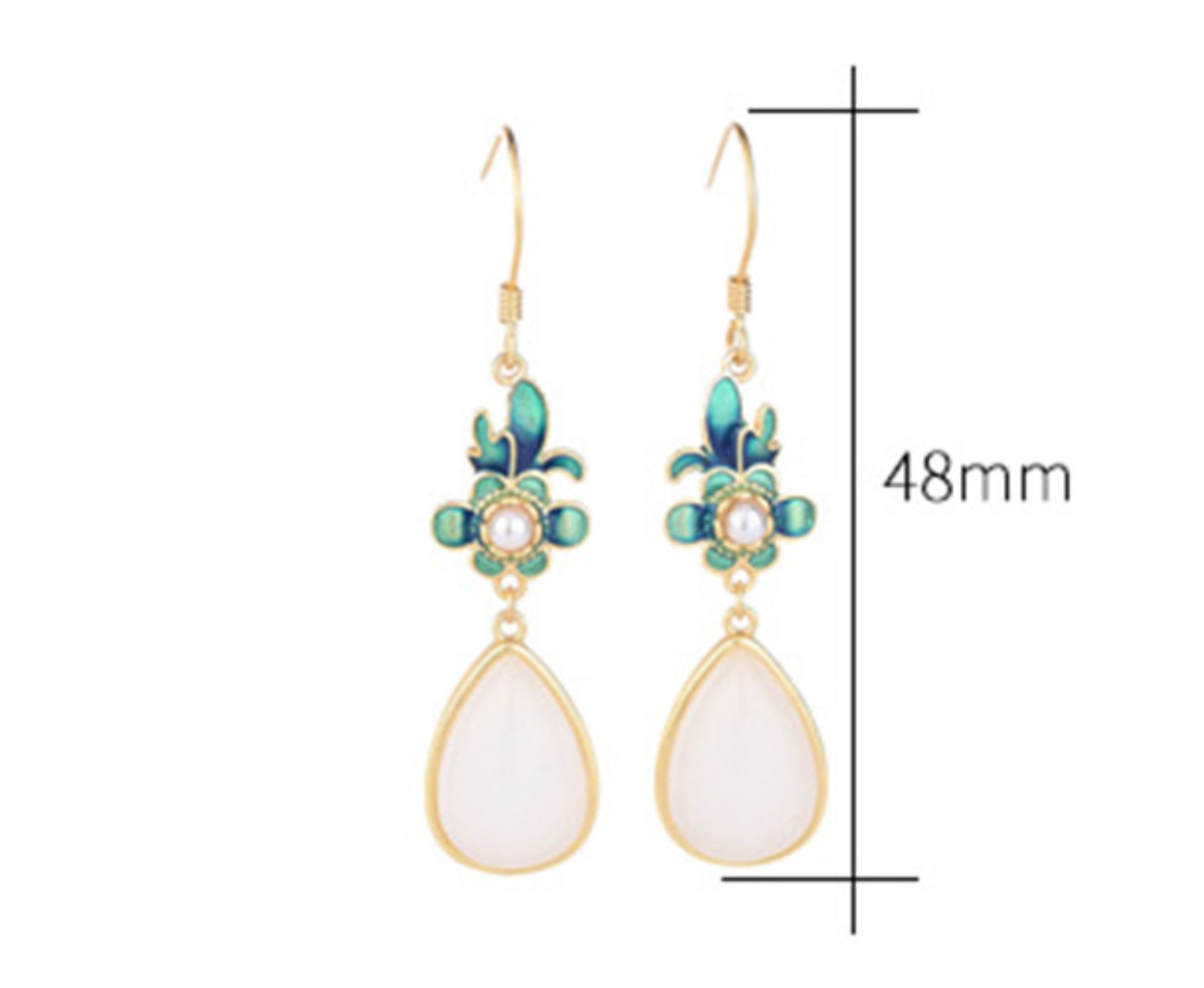Jade Drop Dangle Earrings Flowers Cloisonne Bohemian Ear Hook 18K Gold Plated