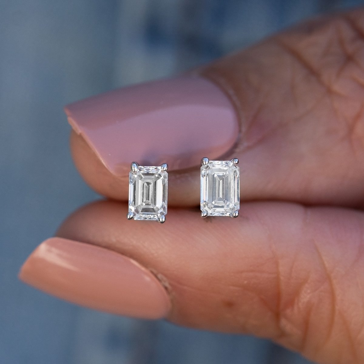 1 CTW Lab Created Diamond Emerald Cut Stud Earrings F-G SI 4-Prong Push Back