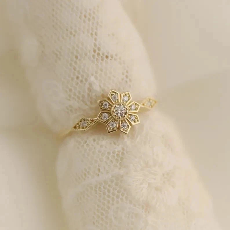 Art Deco Style Round Lab Created Diamond Wedding 14K Yellow Gold FN Floral Ring