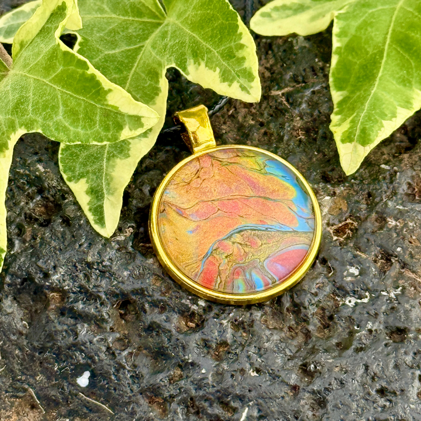 Pendant Necklace Handmade “Sunset Mountain” Gold Bezel 25mm Black Cord
