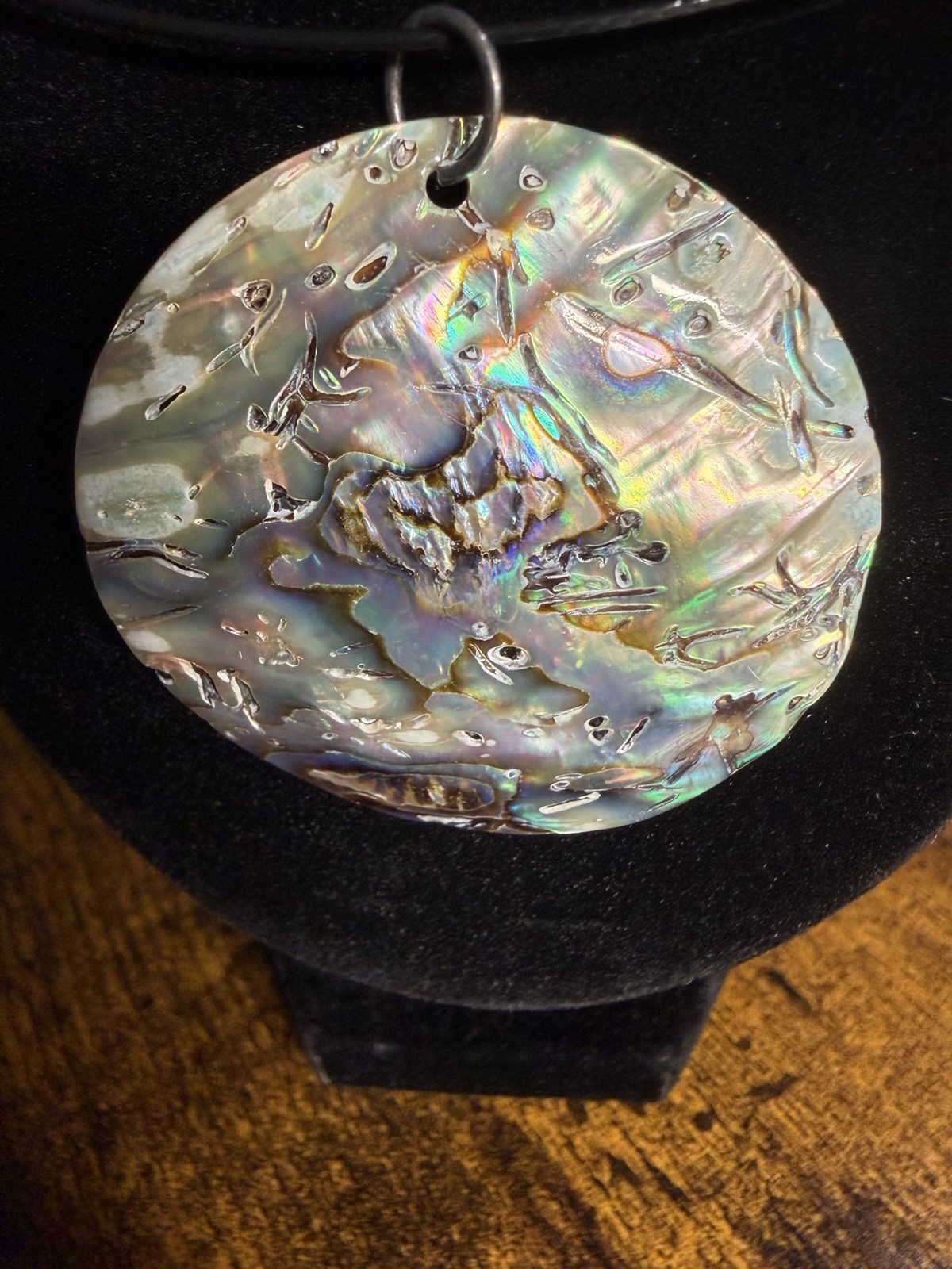 Round Mother of Pearl/Abalone Shell Pendant Necklace Multicolor on Black Cord