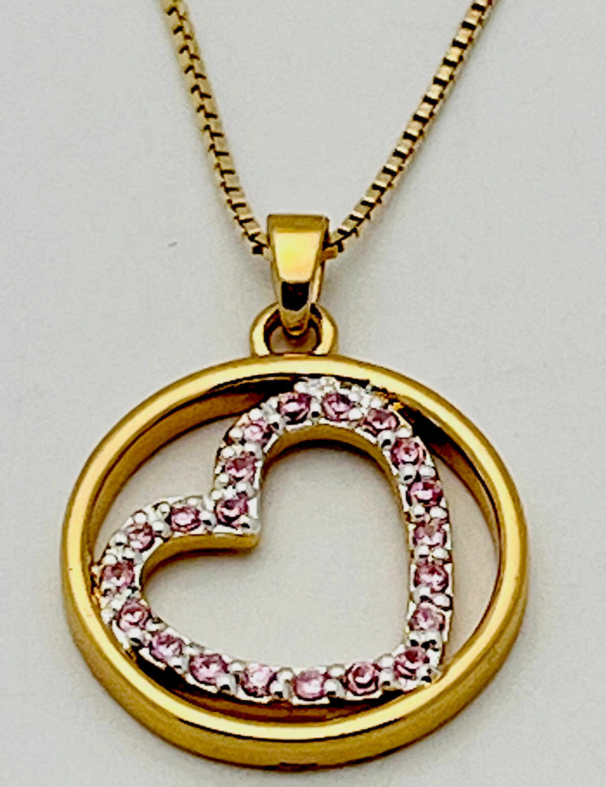 DaneCraft 24KT Gold Over 925 Sterling 5.3 Gram 21 Pink Heart Circle Necklace 18”