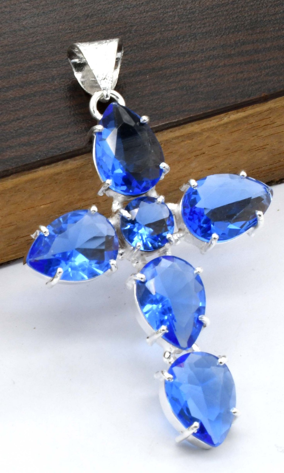 Blue Topaz Natural Gemstone Cross Pendant Jewelry 1.1″ P 3926