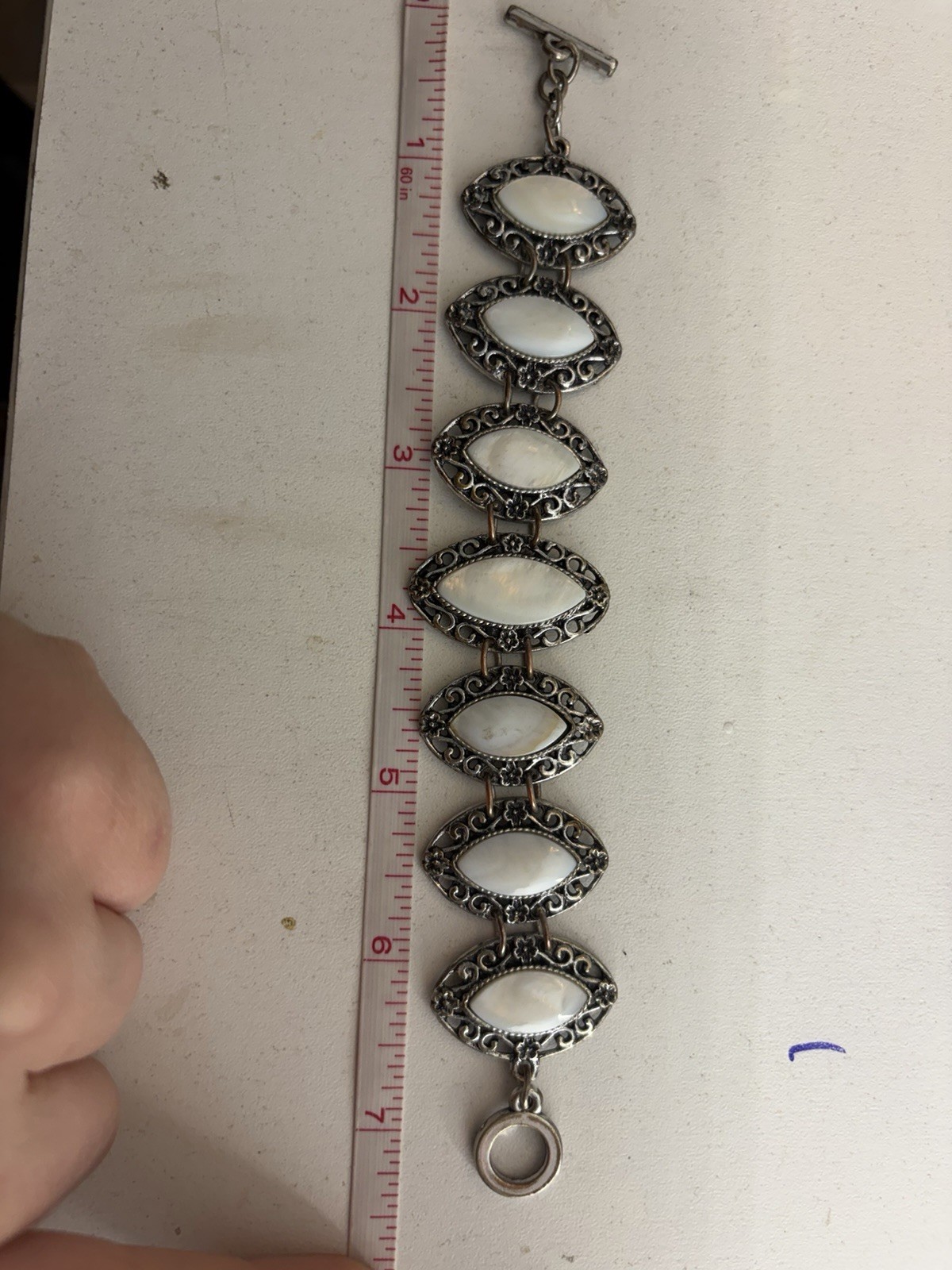 Vintage Silver Tone Link Bracelet White Mother of Pearl Marquise Bezel Toggle 7″