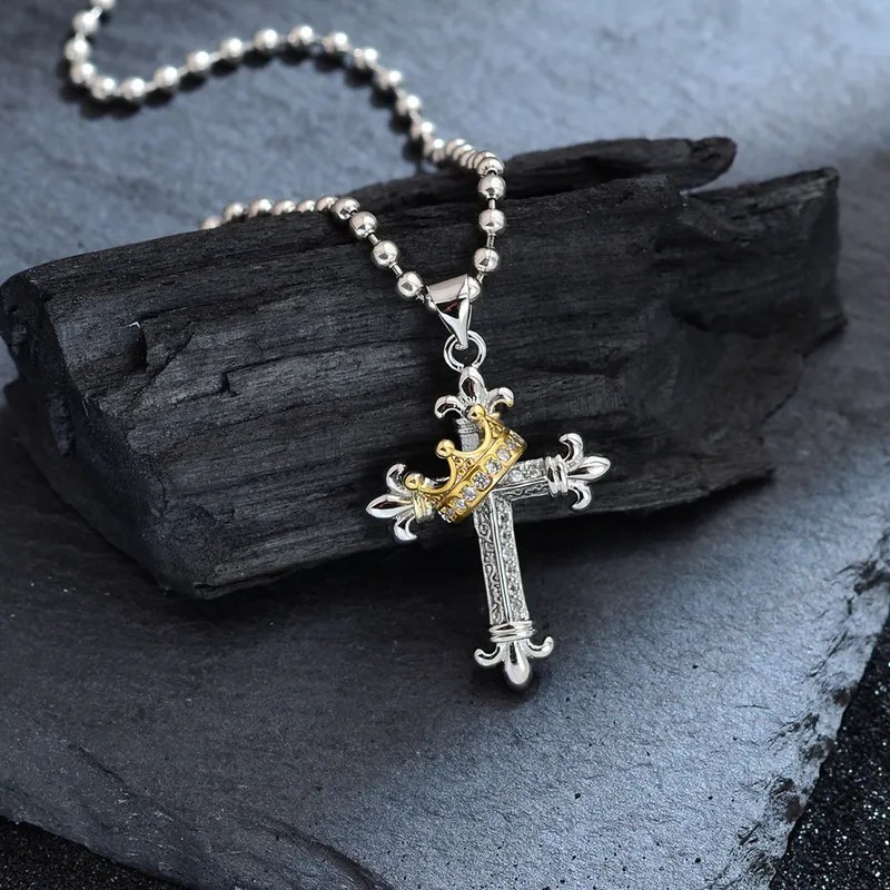 Christian Crowned Cross Pendant Necklace with Chain Gothic Religious Faith Gift