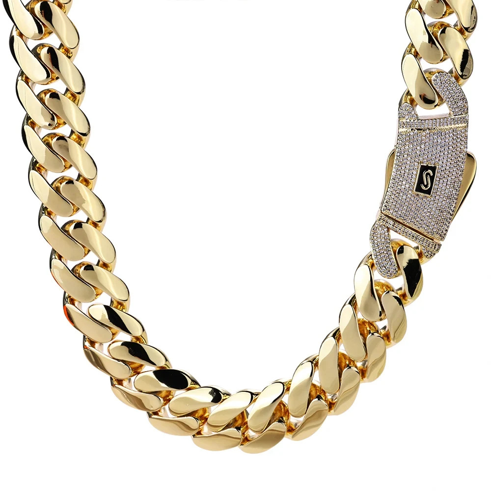 20mm Cuban Link Chain Necklace Bracelet Gold Plated Brass Iced Out CZ Hip Hop