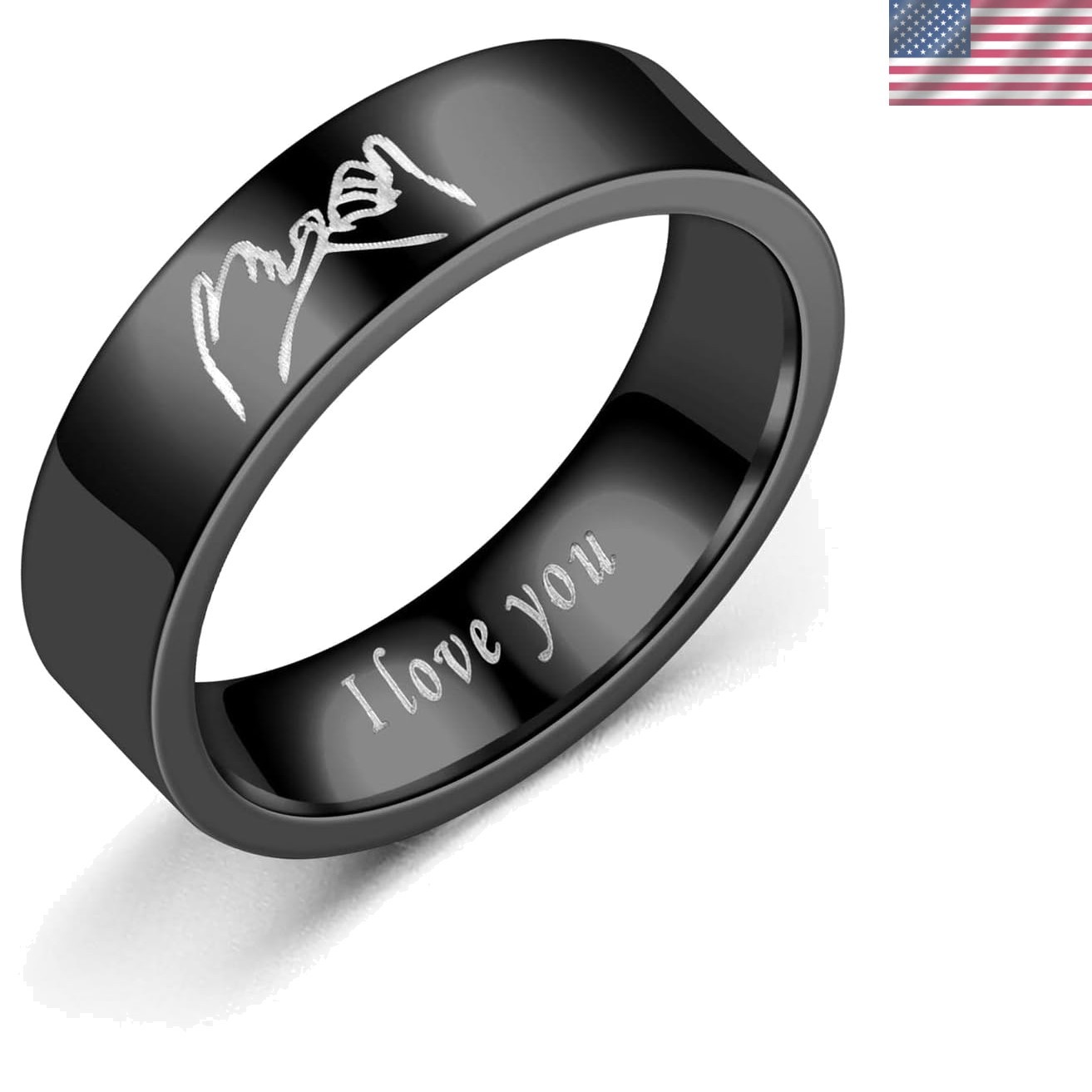 Unisex High Polish Couple Rings – Black I Love You Carved Wedding Band Size 10