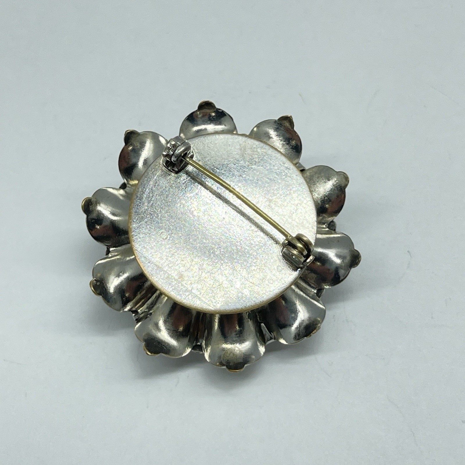 Brooch Silver Tone Flower Layered Petals Rhinestone Center No Mark -Flaw