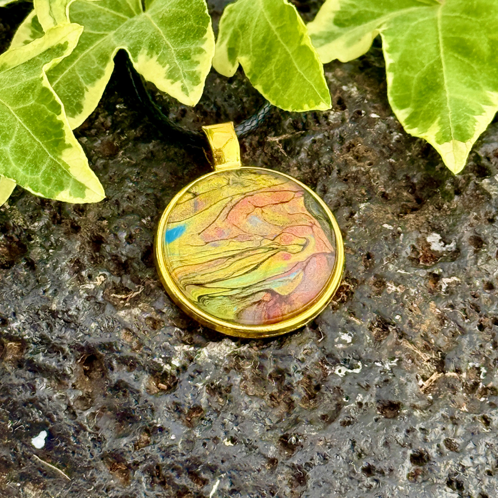 Pendant Necklace Handmade “Agate Sands” Gold Bezel 25mm Black Cord