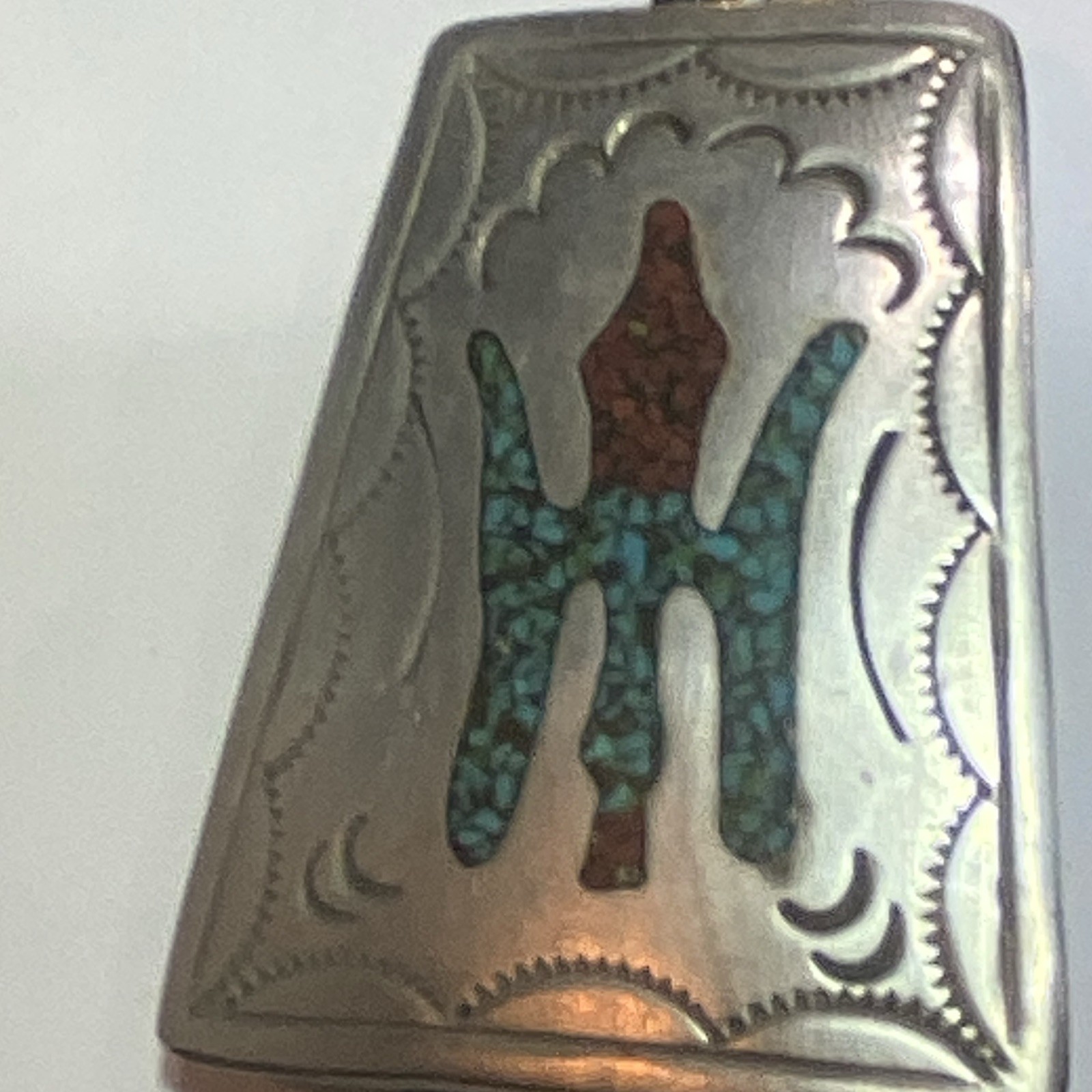 Vintage Navajo Unsigned silver Bolo Tie Turquoise Coral Chip Inlay Peyote Bird
