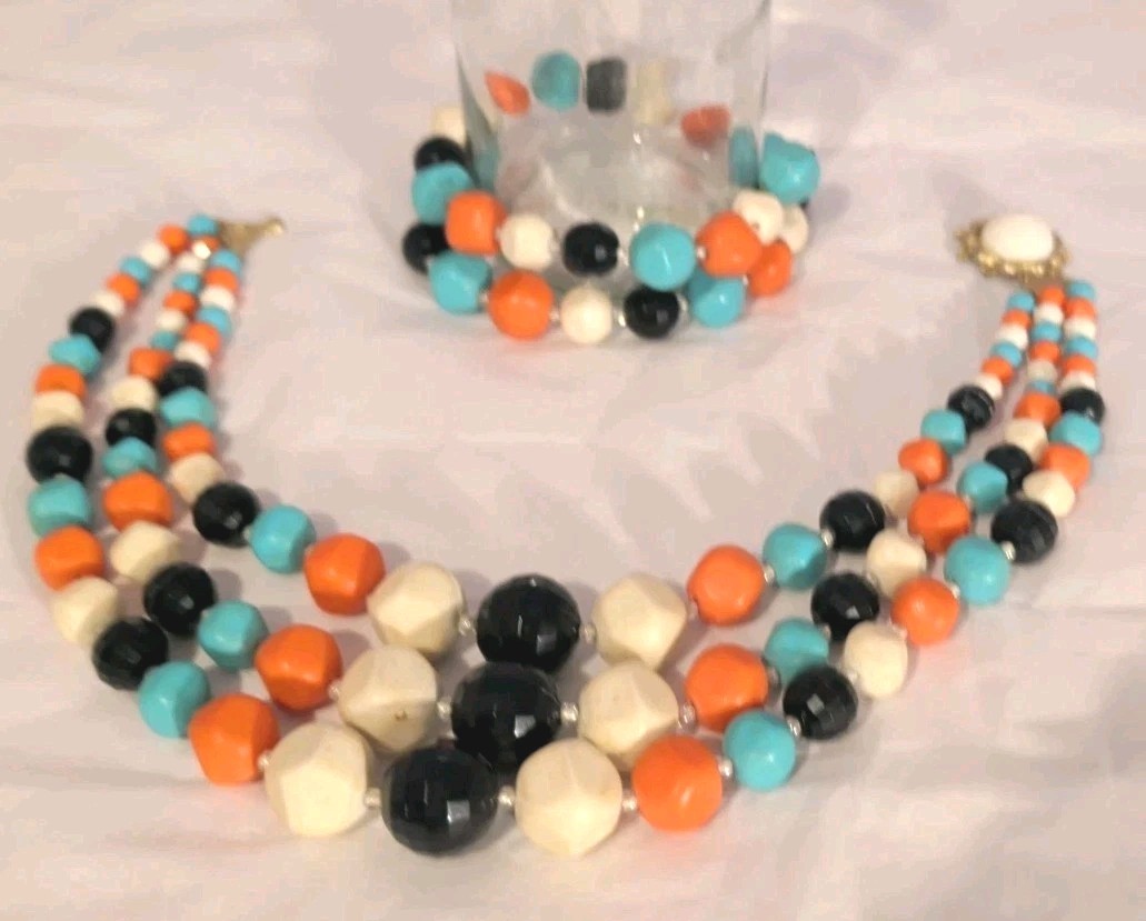 Vintage Multi-Color MCM 3 Strand Beaded Necklace & Single Strand Wrap Bracelet