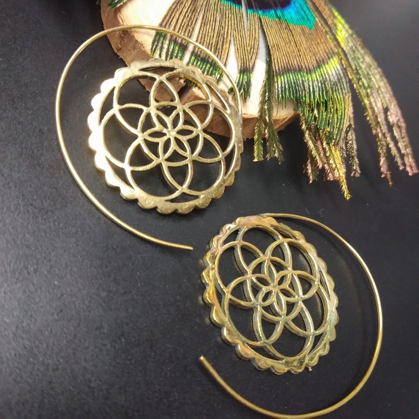 Brass Seed of Life Earrings | Golden Spiral Hoops, Ethnic Jewelry