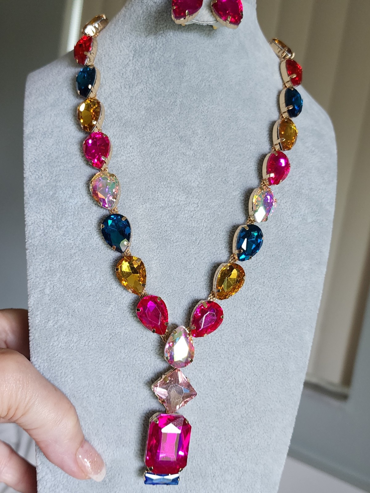Multicolor Crystal Teardrop Necklace A& Earrings Set, Gold Plated