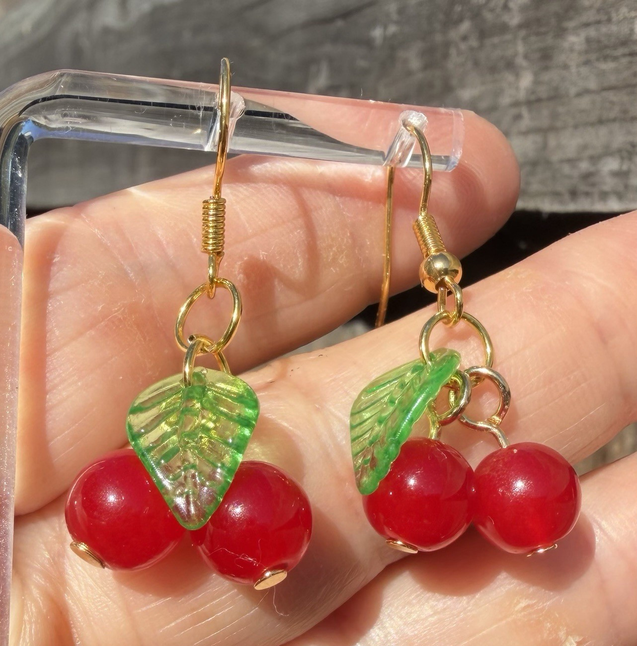 Gold Tone Hook Dangle Drop Earrings Red Cherry Beads Green Leaf No Stone