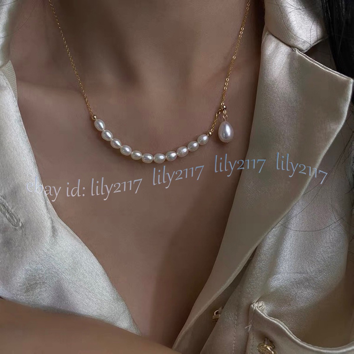 5-6mm Natural White Freshwater Rice Pearl Pendant Chain Drop Necklace 18 inch
