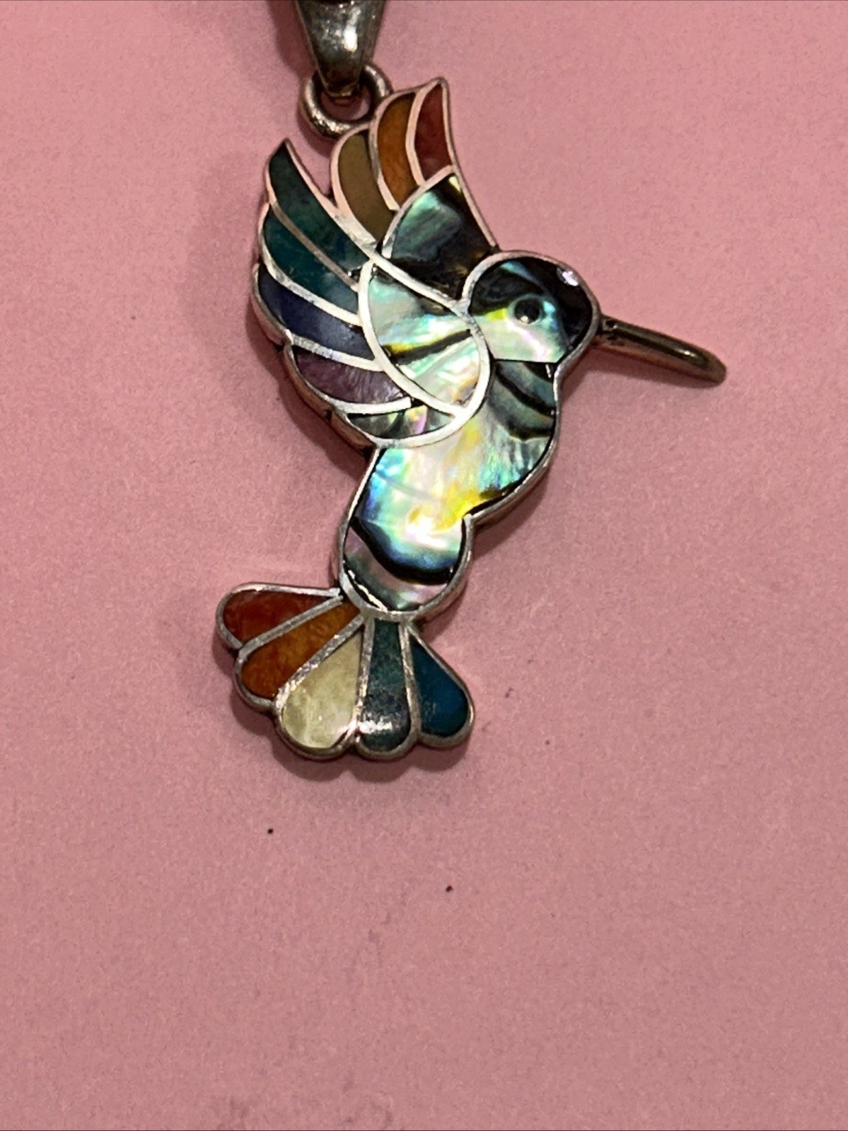 950 Silver Handmade Inlay Hummingbird Abalone Pendant From Peru 1.75”