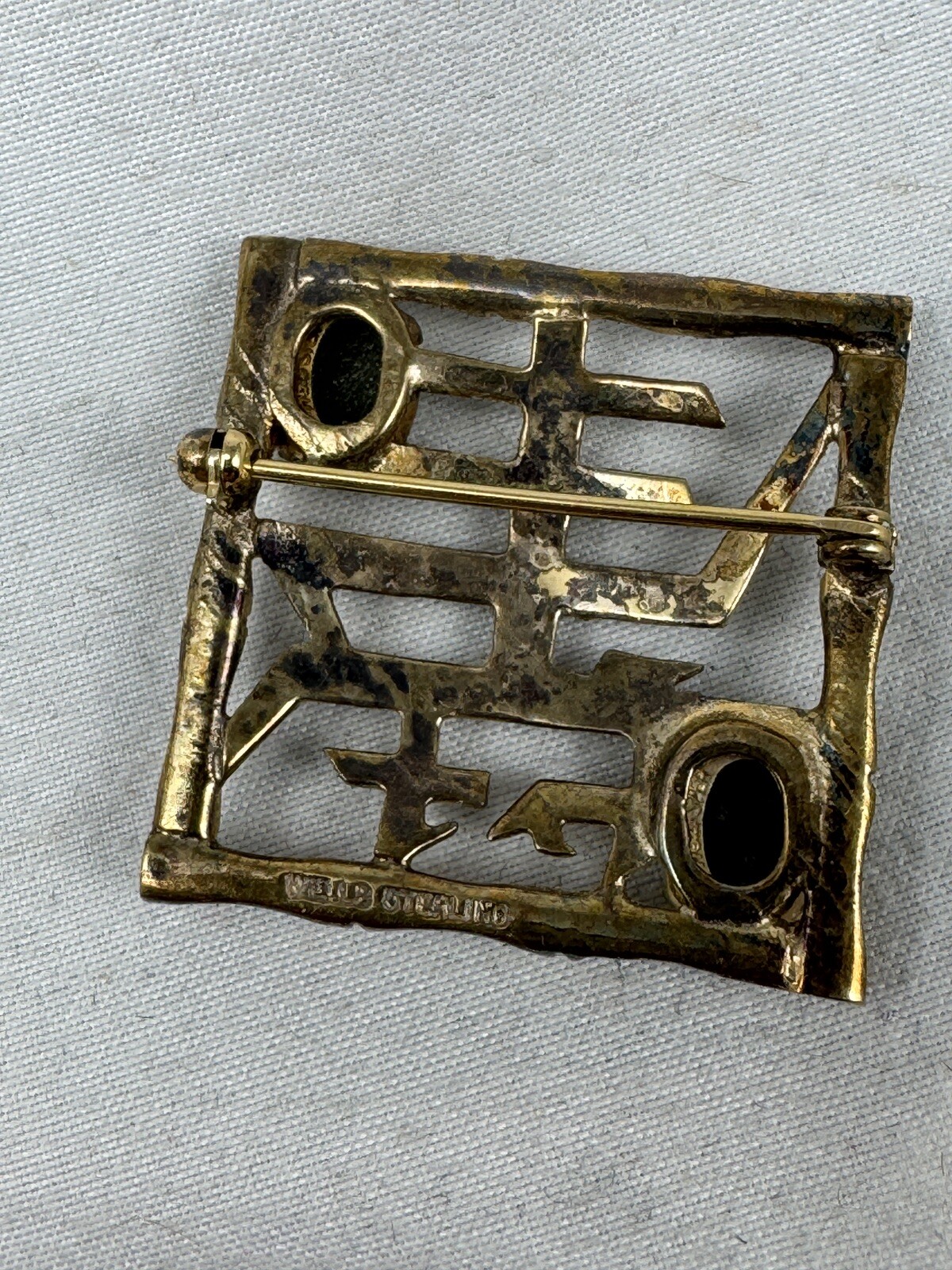 Pin Brooch Sterling Silver Signed Wells Vermeil Bamboo Asian Nephrite Jade