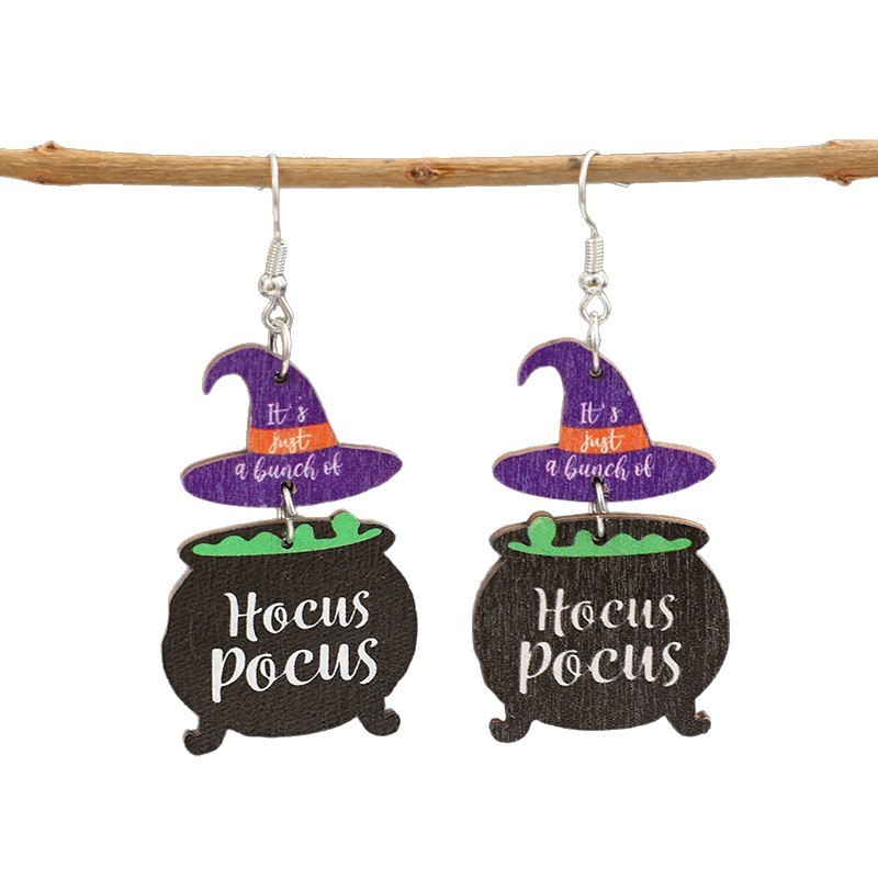 2Pcs Halloween Hocus Pocus Witch Hat Cauldron Wooden Dangle Earrings for Women