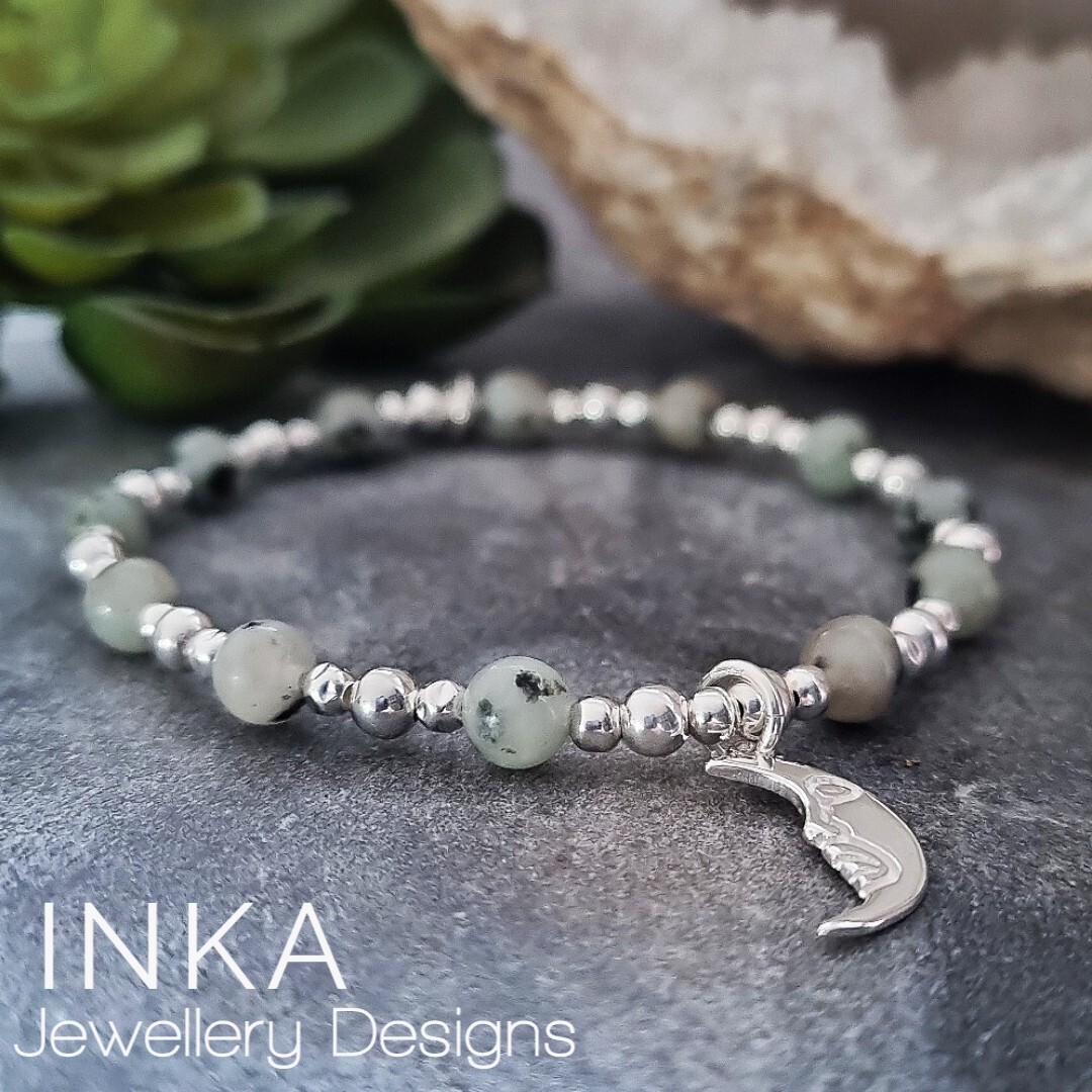Sterling Silver bead Stack Bracelet with Kiwi Jasper and 925 Moon Charm INKA