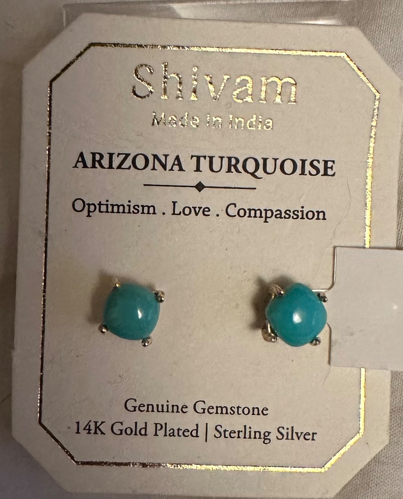 Shivam 14K Gold/Sterling Silver Blue Genuine Arizona Turquoise Stud Earrings~New