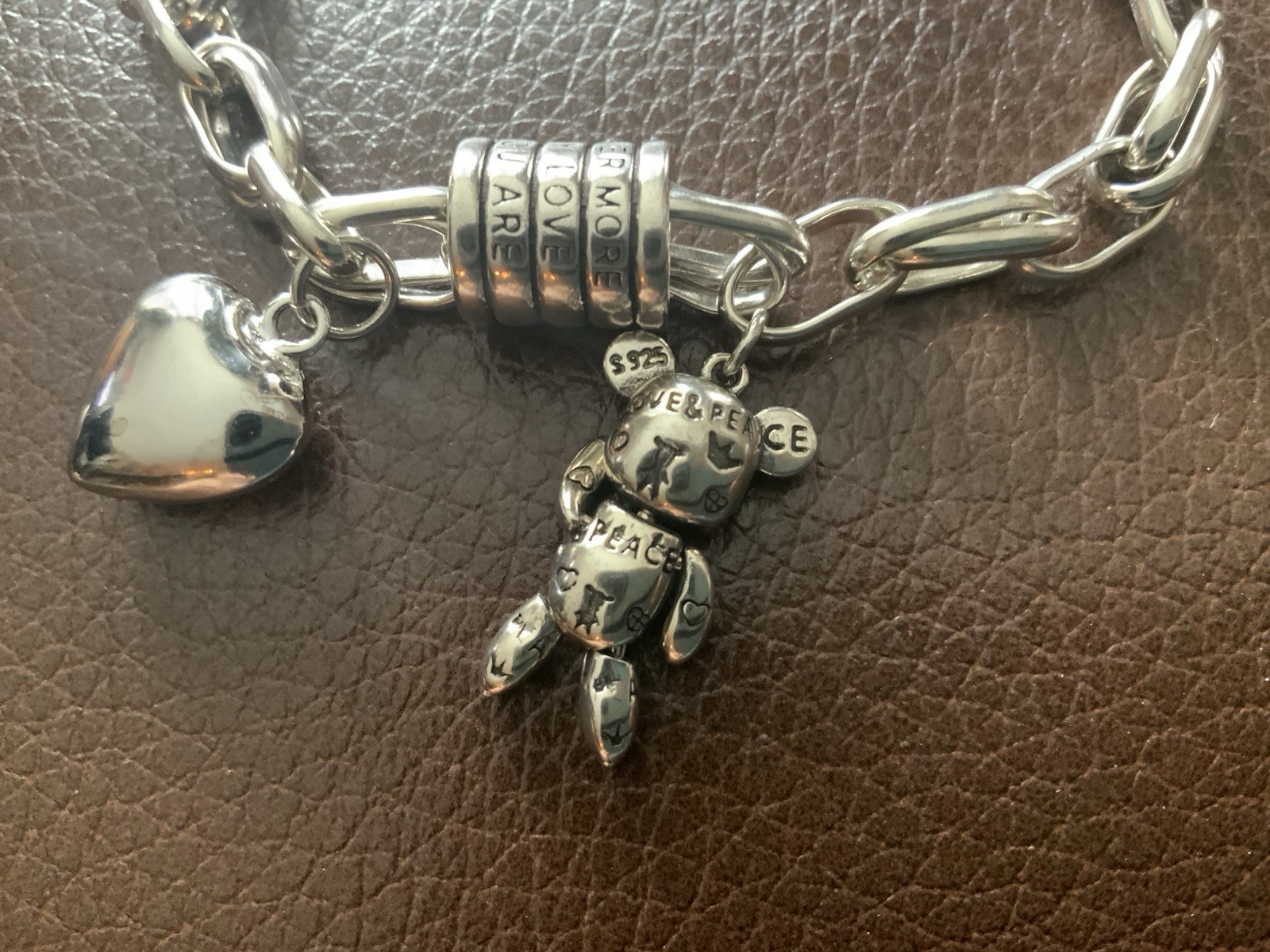 Silver Teddy Bear Heart Charm Bracelet Y2K Tous STYLE Boho Chain Love Peace VTG
